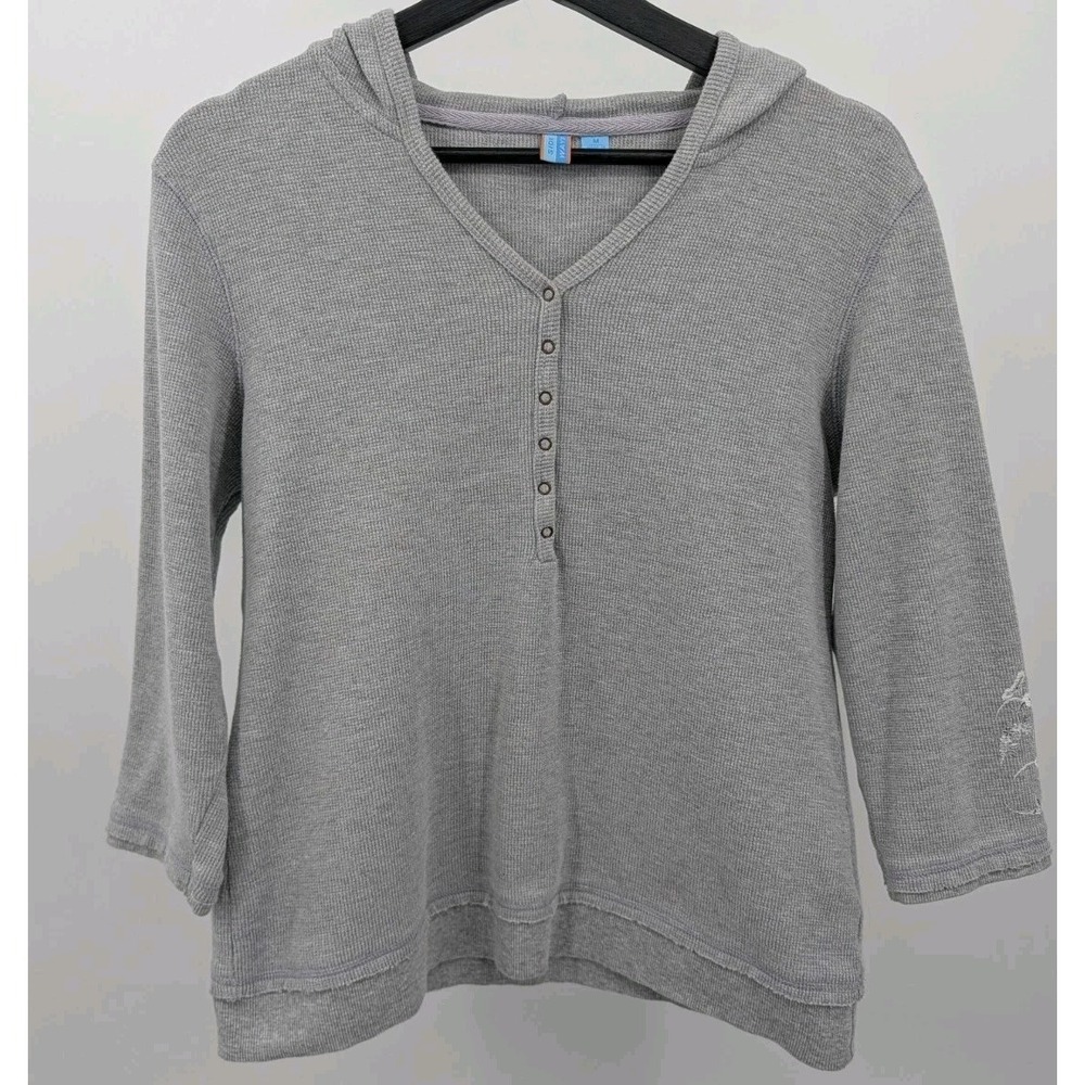Y2K Side Ways Henley Gray Layered Hem Top Hooded Size M Arm Decal Bikercore
